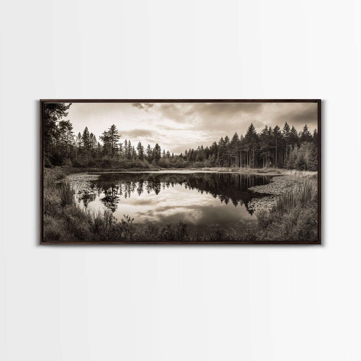 Forest Pond Reflection, Tranquil Lake Trees, Serene Nature Scene, Framed Canvas Print, Fall Wall Art, Rustic Cabin Decor, Living Room Wall Art