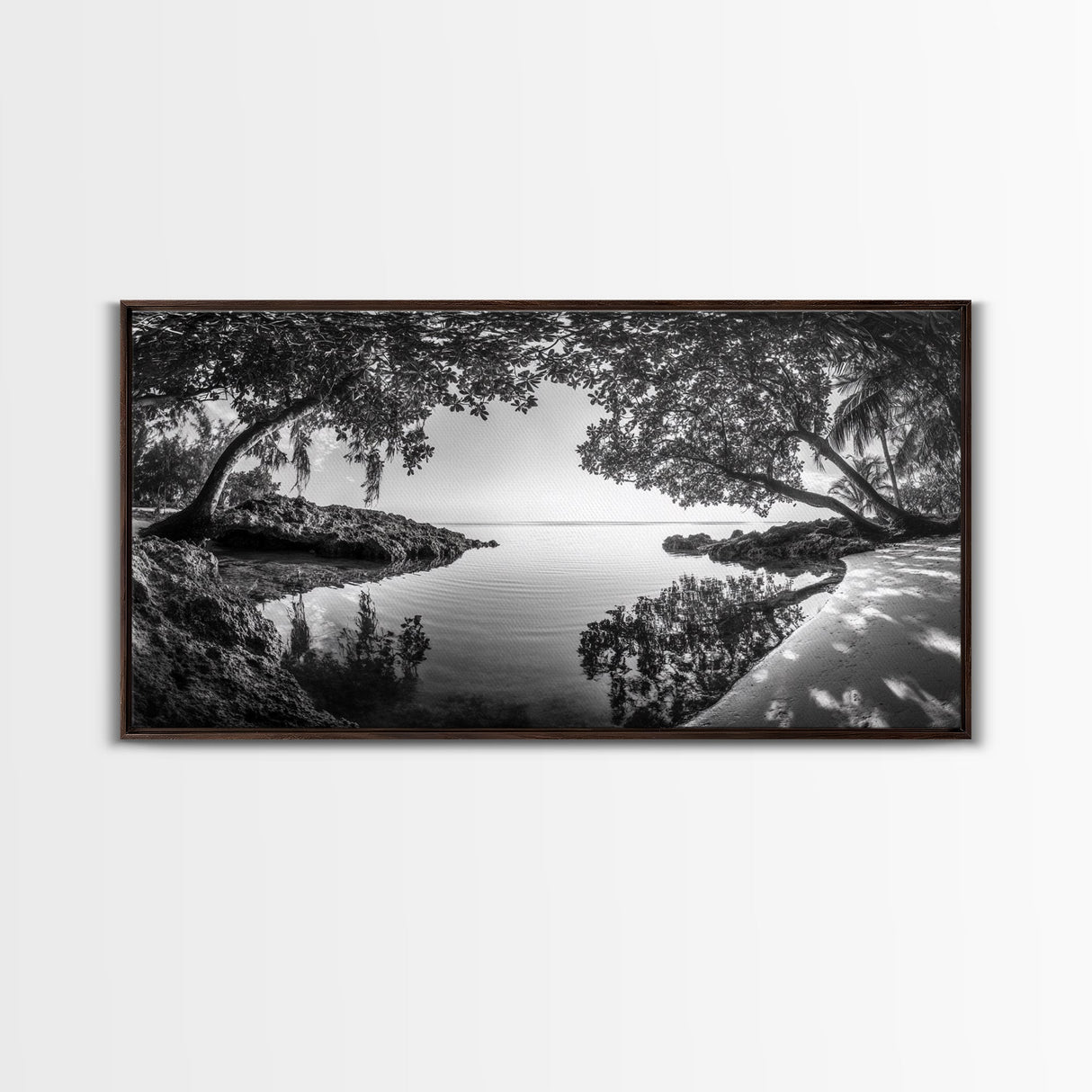 Tropical Shore Trees, Ocean Lagoon Stillness, Peaceful Island Cove, Canvas Print, Bathroom Wall Art, Minimalist Coastal Vibe, Cabin Decor