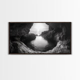 Ocean Cave Sunset, Seascape Art, Black and White Photography, Coastal Decor, Minimalist Style, Canvas Print, Bathroom Wall Art