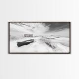 Snowy Coastal Boat, Rustic Winter Landscape, Farmhouse Wall Art, Neutral Tones, Canvas Print, Entryway or Fall Seasonal Decor