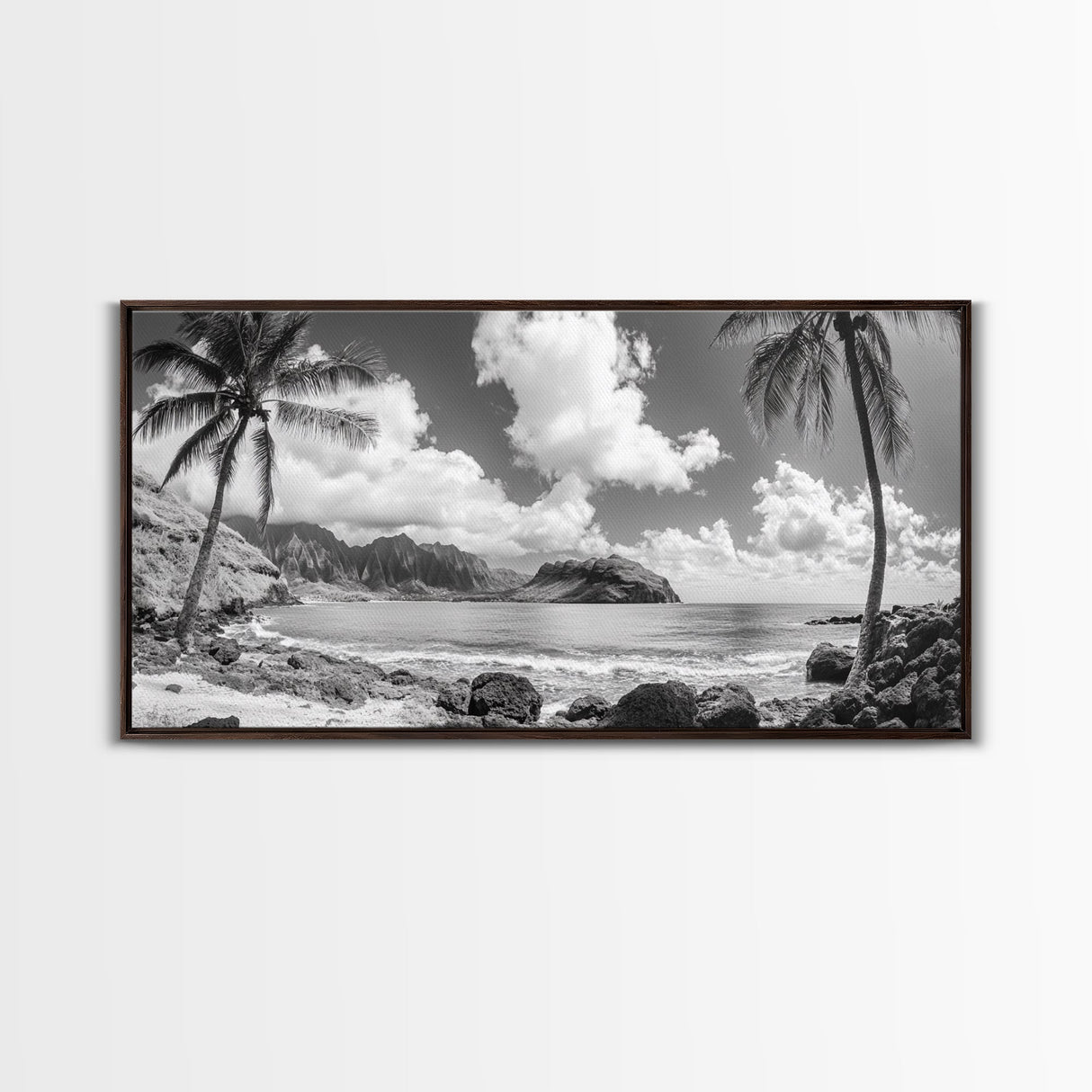 Tropical Beach View, Palm Tree Paradise, Black and White Island, Coastal Wall Decor, Canvas Print, Boho Living Room Art, Office Wall Art