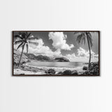 Tropical Beach View, Palm Tree Paradise, Black and White Island, Coastal Wall Decor, Canvas Print, Boho Living Room Art, Office Wall Art