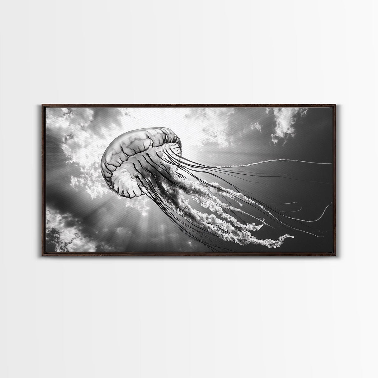 Jellyfish In Light, Ocean Life Art, Monochrome Sea Creature, Canvas Print, Coastal Bathroom Wall Art, Marine Modern Decor, Office Wall Art