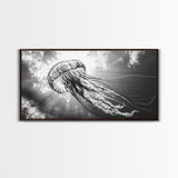 Jellyfish In Light, Ocean Life Art, Monochrome Sea Creature, Canvas Print, Coastal Bathroom Wall Art, Marine Modern Decor, Office Wall Art