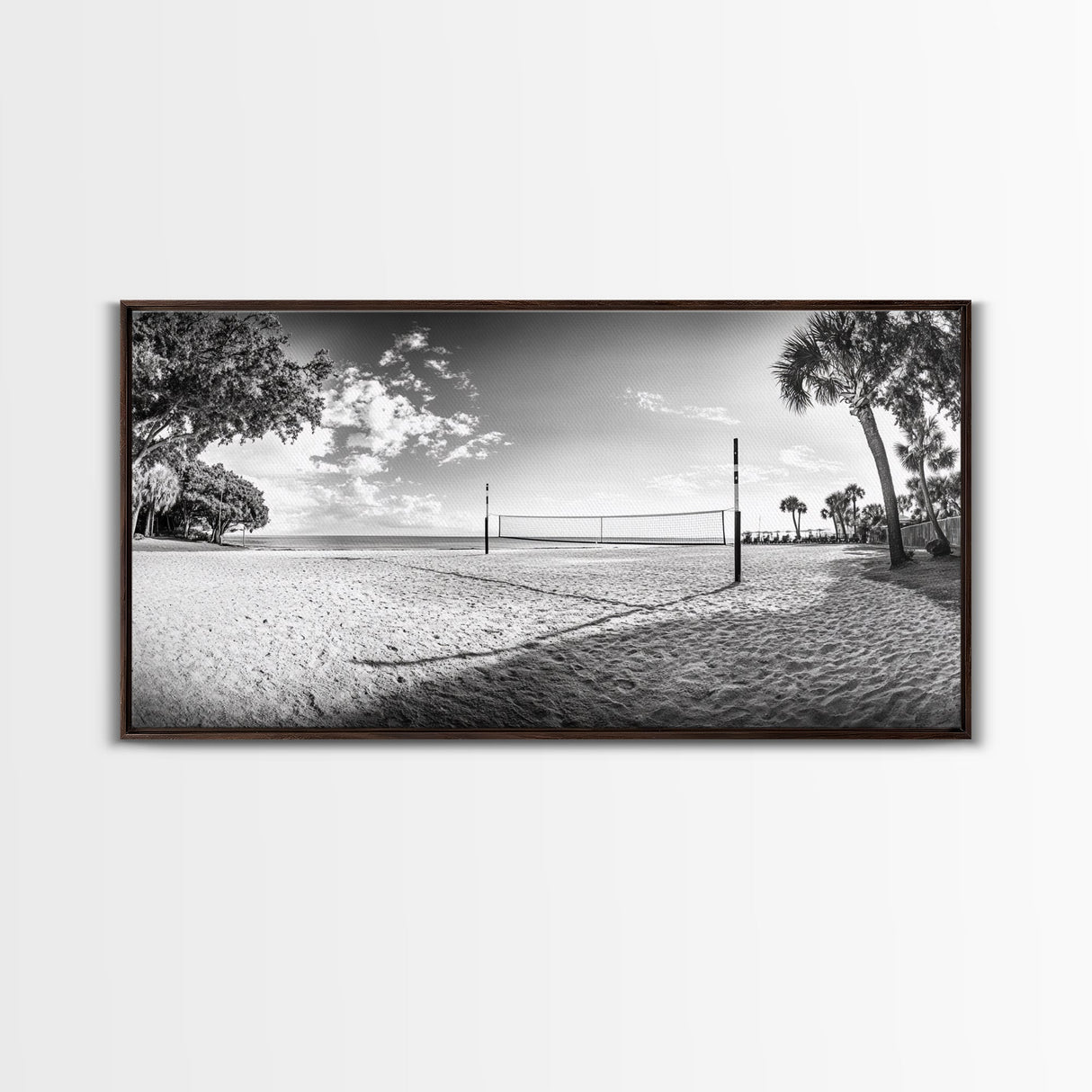Volleyball Net, Coastal Leisure Scene, Bright Beach Vibe, Framed Canvas Print, Game Room Wall Art, Sporty Summer Beach Style