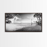 Volleyball Net, Coastal Leisure Scene, Bright Beach Vibe, Framed Canvas Print, Game Room Wall Art, Sporty Summer Beach Style