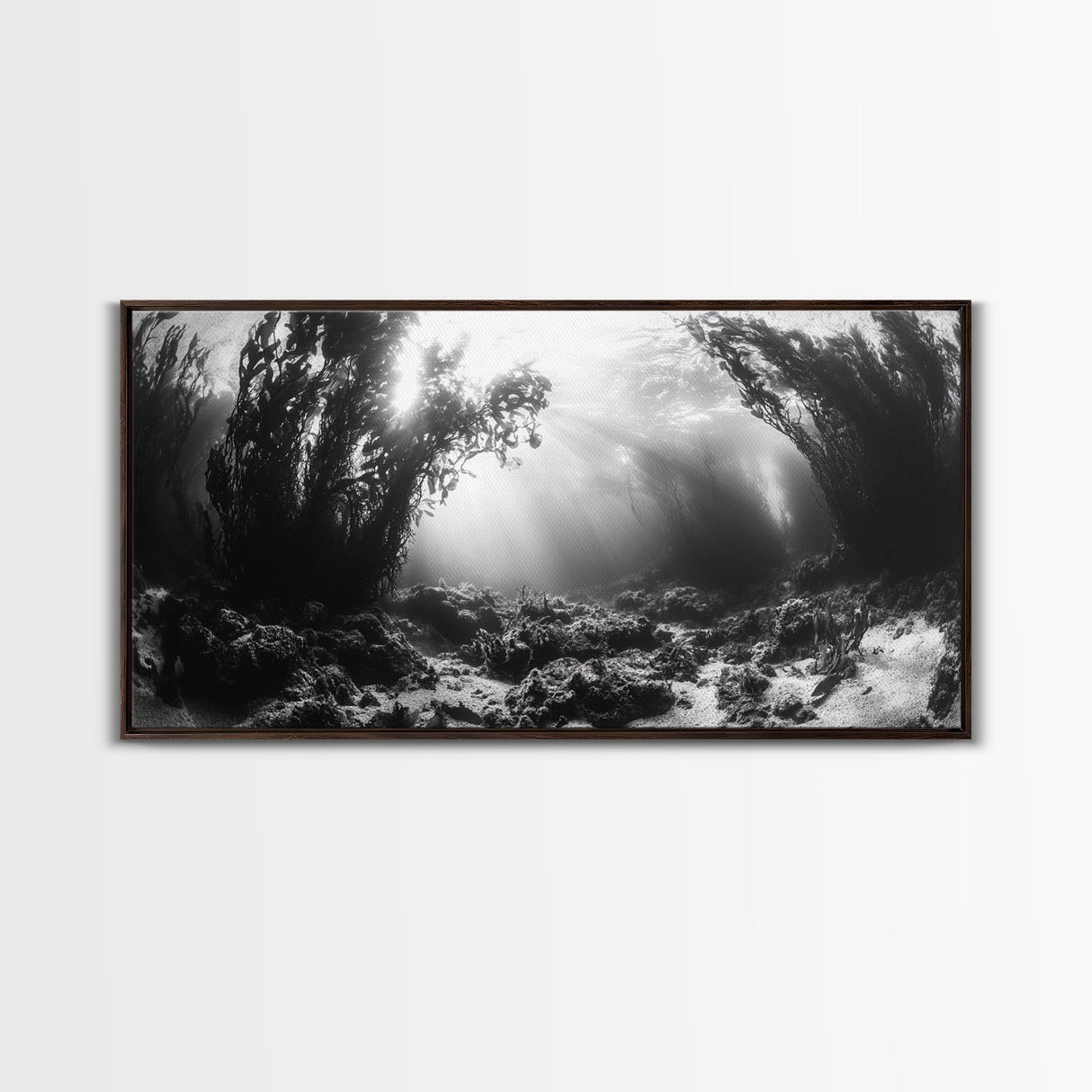 Kelp Forest Rays, Underwater Light, Black and White Ocean Scene, Framed Canvas Print, Nature Wall Art, Coastal Bathroom Decor