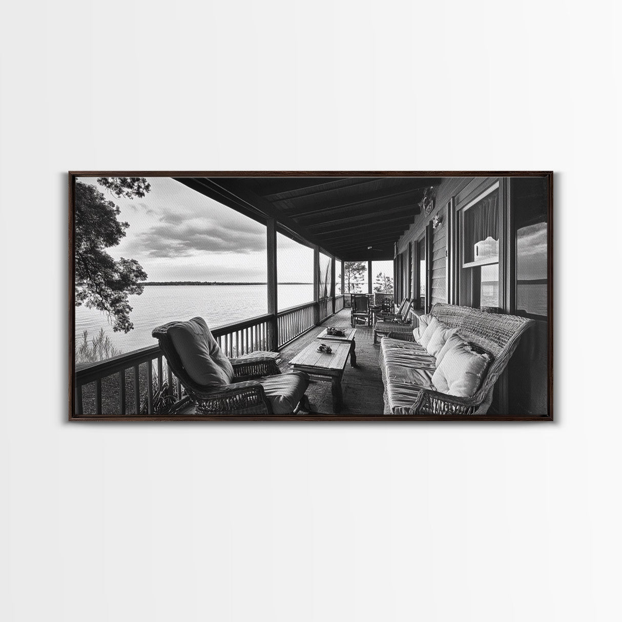 Porch Lake View, Rustic Escape, Cabin Life, Vintage Charm, Framed Canvas Print, Entryway Wall Art, Country Home Aesthetic, Cozy Style
