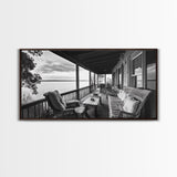 Porch Lake View, Rustic Escape, Cabin Life, Vintage Charm, Framed Canvas Print, Entryway Wall Art, Country Home Aesthetic, Cozy Style