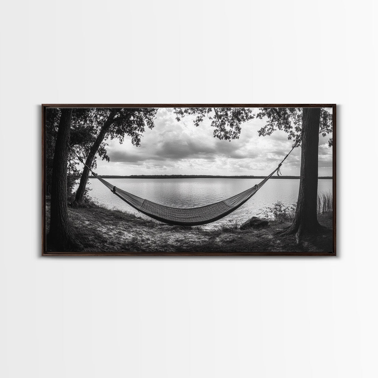 Hammock Lake, Restful Retreat, Trees Framing, Relax Mood, Framed Canvas Print, Bedroom Wall Art, Slow Living Style, Boho Natural Art