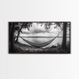 Hammock Lake, Restful Retreat, Trees Framing, Relax Mood, Framed Canvas Print, Bedroom Wall Art, Slow Living Style, Boho Natural Art