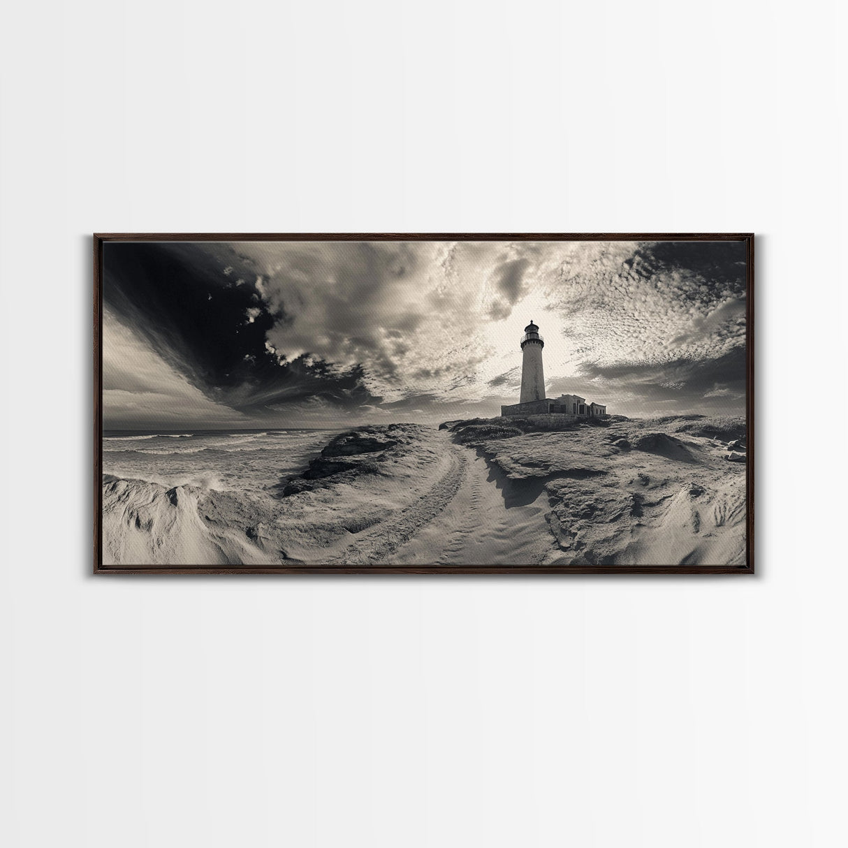 Lighthouse Path, Stormy Beach, Moody Coastline, Wall Decor, Framed Canvas Print, Coastal Wall Art, Rustic Bathroom, Nautical Style Print