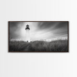 Lighthouse Grass, Seaside Tower, Stormy Sky, Black White, Framed Canvas Print, Beach Bathroom Art, Minimalist Decor, Nautical Print