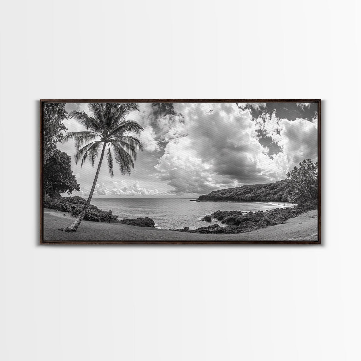 Tropical Coast, Palm Beach, Island View, Cloudy Sky, Framed Canvas Print, Coastal Living Room Art, Beach Wall Decor, Summer Style