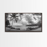 Tropical Coast, Palm Beach, Island View, Cloudy Sky, Framed Canvas Print, Coastal Living Room Art, Beach Wall Decor, Summer Style