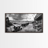Beach Boardwalk, Coastal Restaurant, Moody Seaside View, Framed Canvas Print, Kitchen or Bar Wall Art, Rustic Autumn Decor