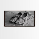 Moccasins in Sand, Rustic Footwear Art, Cultural Detail Photo, Framed Canvas Print, Boho Entryway Wall Decor, Western Minimalist