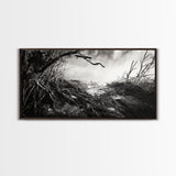 Stormy Shore, Erosion Roots, Driftwood Beach, Nature Drama, Framed Canvas Print, Moody Wall Art, Fall Living Room Decor, Dark Rustic Style
