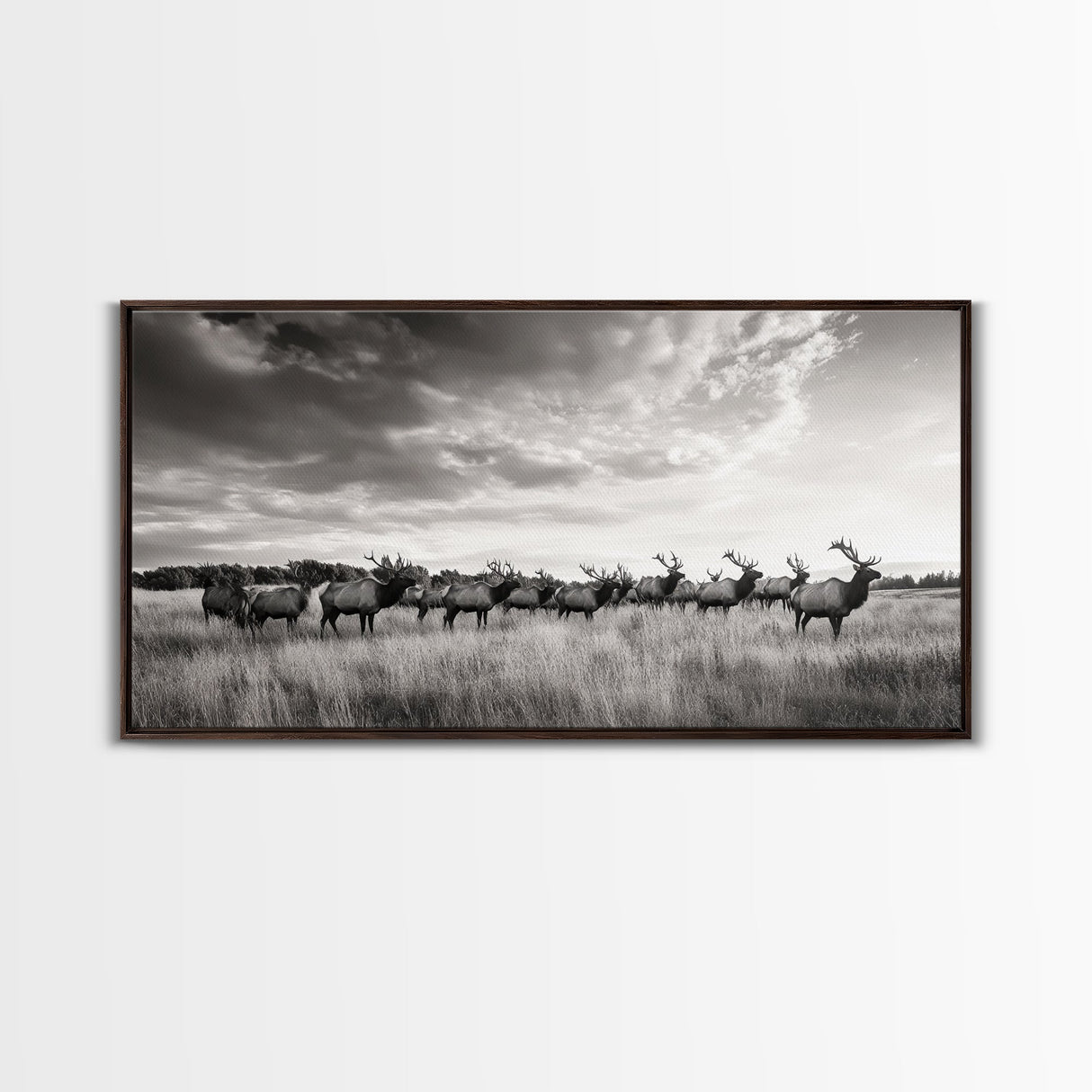 Elk Herd, Prairie Wildlife, Autumn Nature, Rustic Landscape, Framed Canvas Print, Western Wall Decor, Cabin Art, Living Room Print
