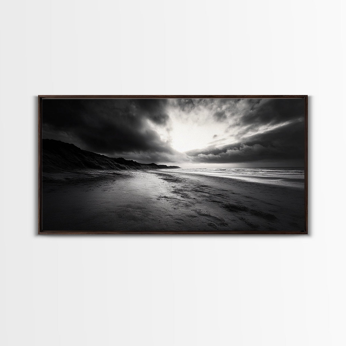 Stormy Coast, Dramatic Sky, Ocean Dusk, Monochrome Landscape, Framed Canvas Print, Bedroom Wall Art, Minimalist Coastal Decor