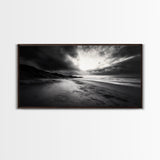 Stormy Coast, Dramatic Sky, Ocean Dusk, Monochrome Landscape, Framed Canvas Print, Bedroom Wall Art, Minimalist Coastal Decor