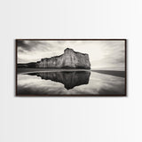 Cliff Reflection, Coastal Monolith, Seashore Beauty, Sunset Vibes, Framed Canvas Print, Living Room Art, Minimalist Beach Scene