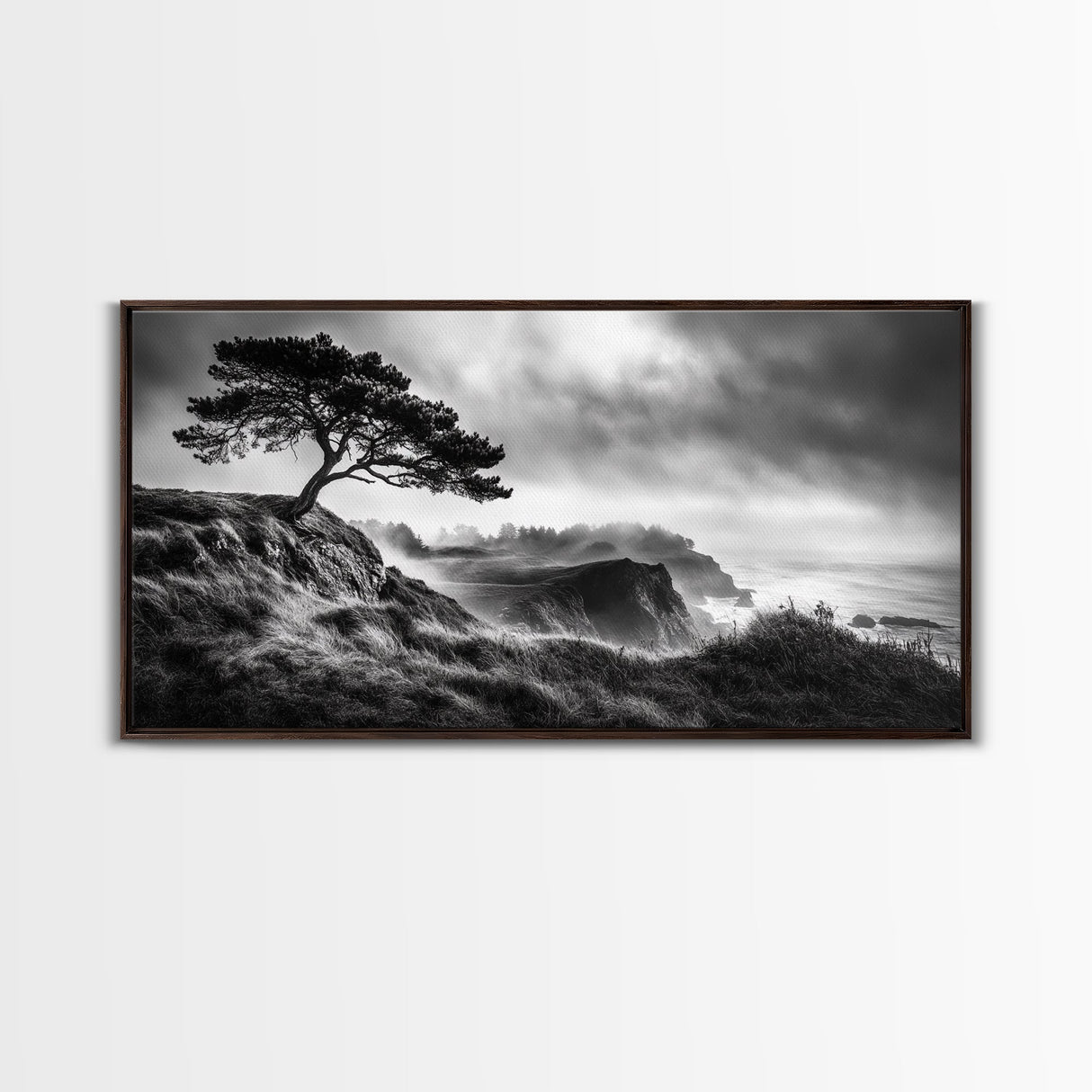 Lone Tree, Foggy Cliffs, Dramatic Landscape, Moody Sky, Framed Canvas Print, Nature Wall Art, Cabin Decor, Autumn Coastal Vibes