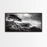Lone Tree, Foggy Cliffs, Dramatic Landscape, Moody Sky, Framed Canvas Print, Nature Wall Art, Cabin Decor, Autumn Coastal Vibes