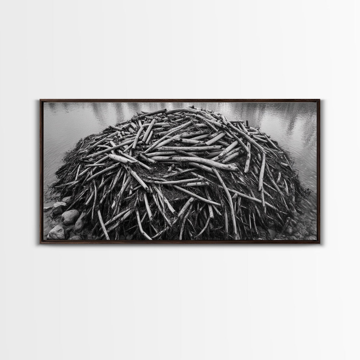 Beaver Lodge, Natural Structure, Earthy River Habitat, Framed Canvas Print, Cabin Wall Art, Nature-Inspired Rustic Fall Decor