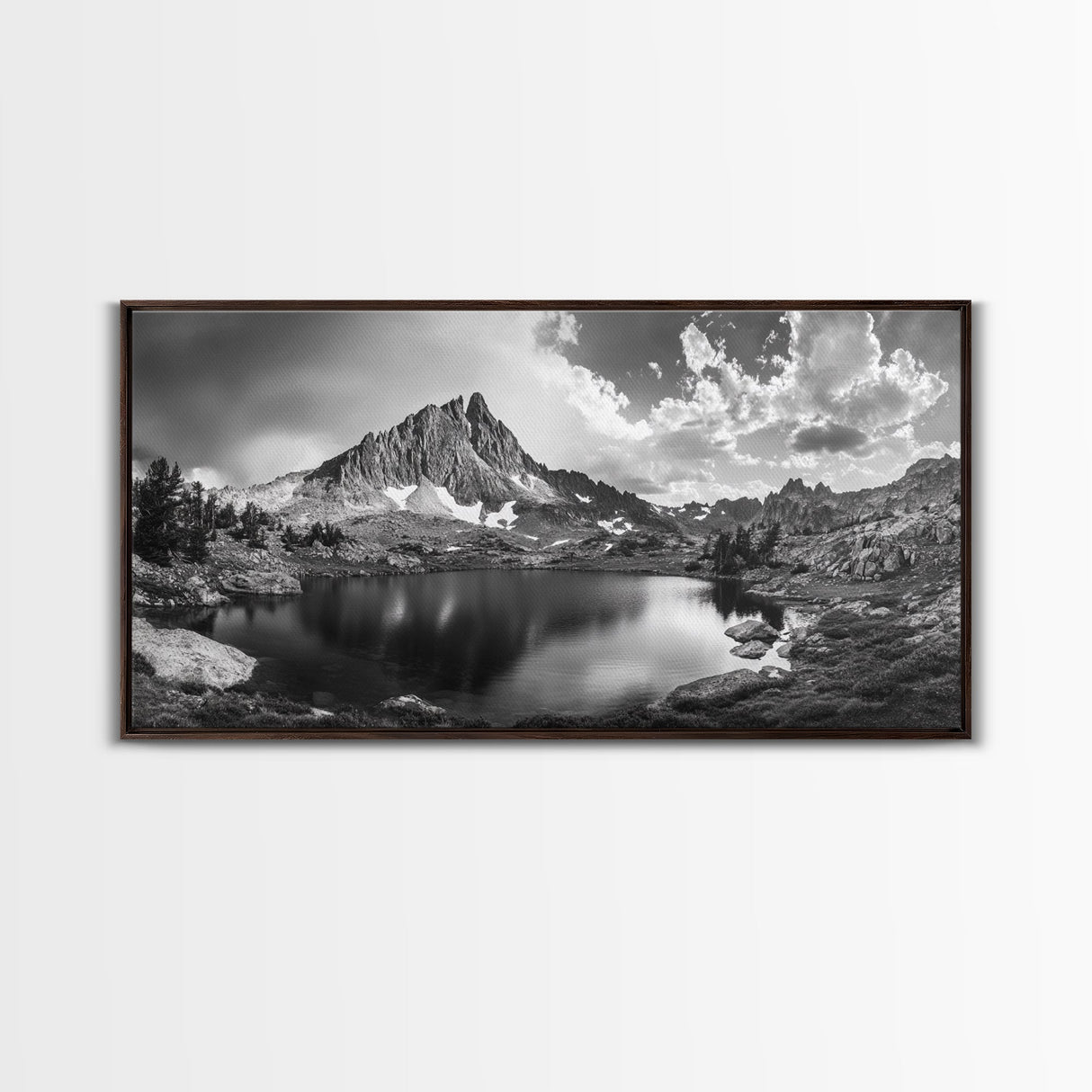 Alpine Lake, Rocky Mountain, Scenic Vista, Nature Reflection, Framed Canvas Print, Rustic Wall Art, Bedroom Wilderness Decor