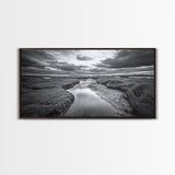Marshland Serenity, River Flow, Cloudy Mood, Nature Calm, Framed Canvas Print, Coastal Wall Art, Bathroom Tranquil Landscape