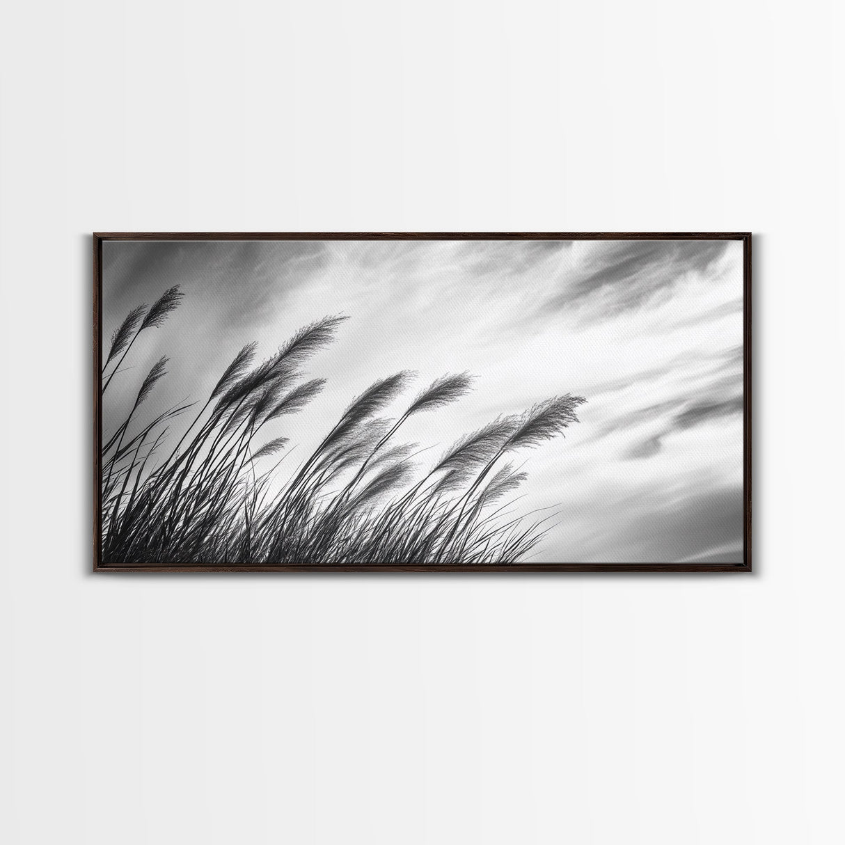 Pampas Grass, Wind Blown, Sky Motion, Autumn Field, Framed Canvas Print, Boho Wall Art, Bedroom Fall Botanical Decor, Living Room Decor