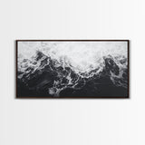 Ocean Texture, Crashing Waves, Abstract Sea, Monochrome Motion, Framed Canvas Print, Coastal Wall Art, Bathroom Minimalist Decor