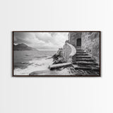 Stone Stairway, Ocean Cliff, Coastal Architecture, Mediterranean Charm, Framed Canvas Print, Rustic Wall Art, Entryway Travel Decor