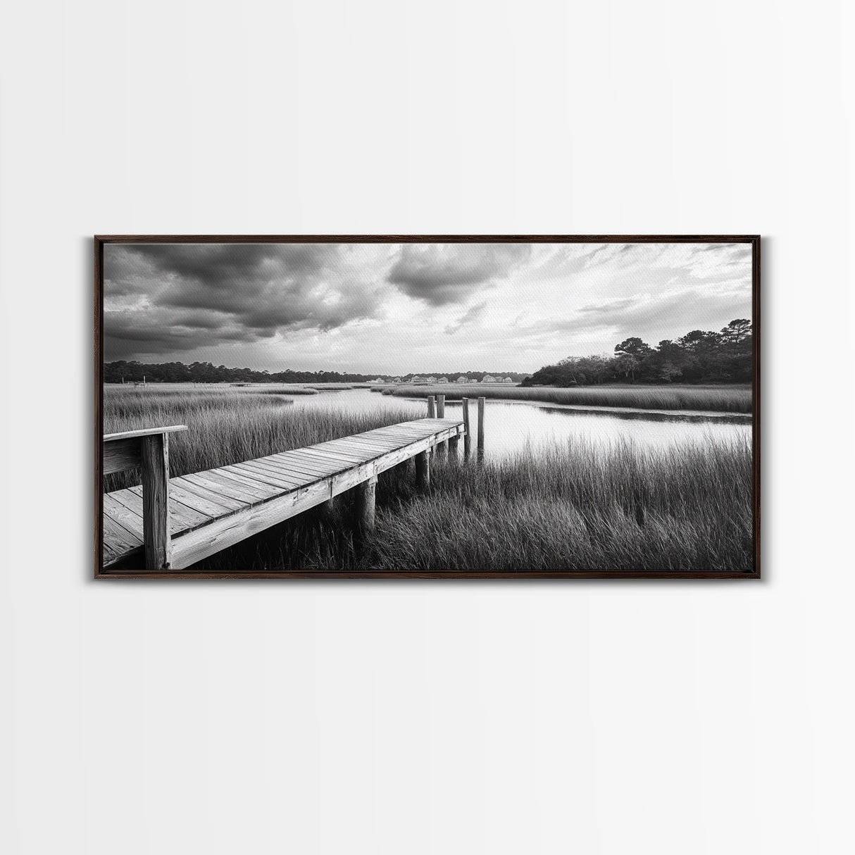 Marsh Dock Scene, Tranquil Water Landscape, Rustic Pier Canvas Print, Black and White Nature, Entryway Art, Coastal Country Home Decor