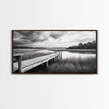 Marsh Dock Scene, Tranquil Water Landscape, Rustic Pier Canvas Print, Black and White Nature, Entryway Art, Coastal Country Home Decor