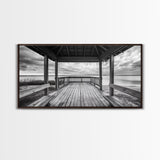 Gazebo By Water, Serene Lake View, Rustic Deck Canvas Print, Minimalist Landscape Wall Art, Neutral Bedroom, Tranquil Home Decor