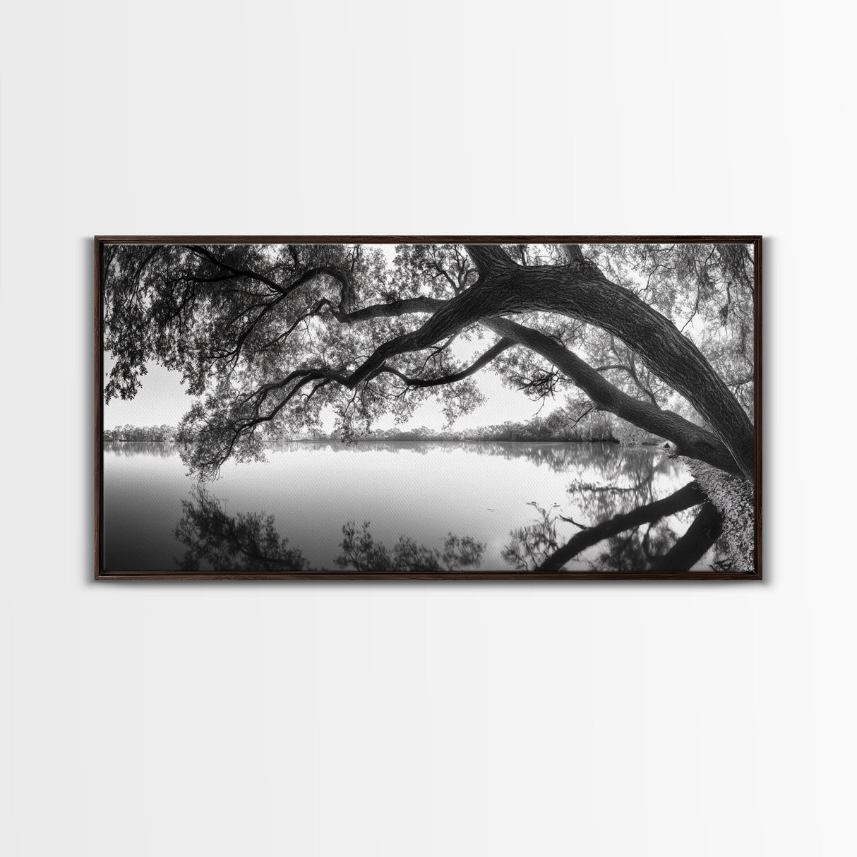 Serene Lake View, Tree Reflections, Calm Nature Landscape, Framed Canvas Print, Minimalist Bedroom or Spa Bathroom Wall Art