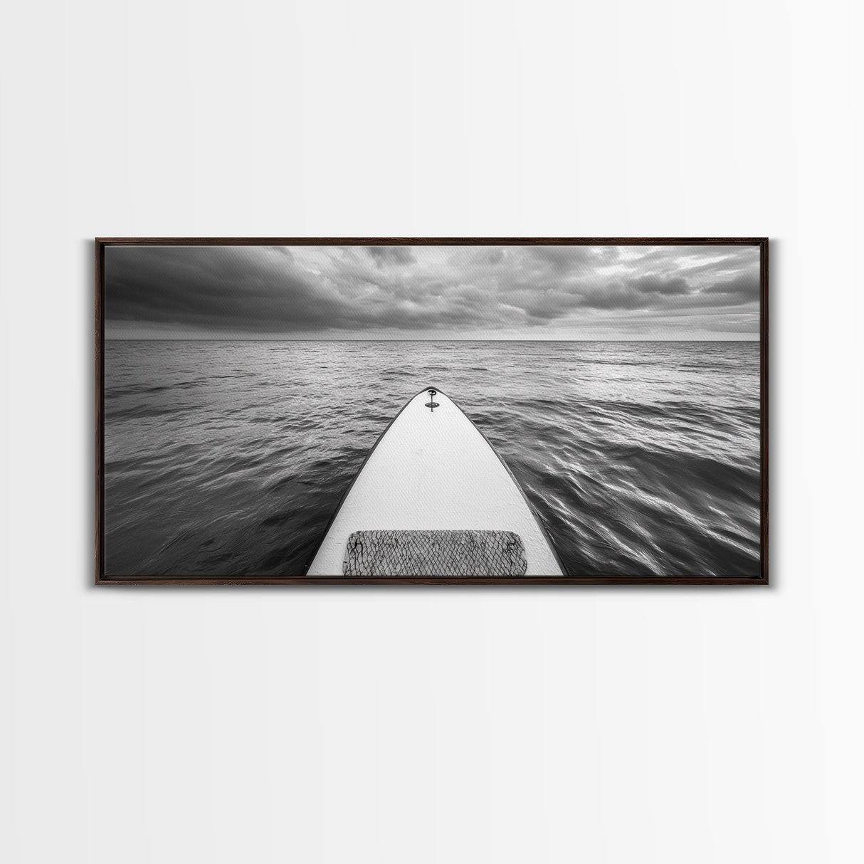 Ocean Horizon Board, Paddleboarding Adventure, Cloudy Sea Landscape, Framed Canvas Print, Modern Coastal Office or Living Room Art