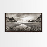 Coastal Pebble Beach, Pacific Shoreline, Serene Nature Landscape, Framed Canvas Print, Neutral Bedroom or Fall Living Room Wall Art
