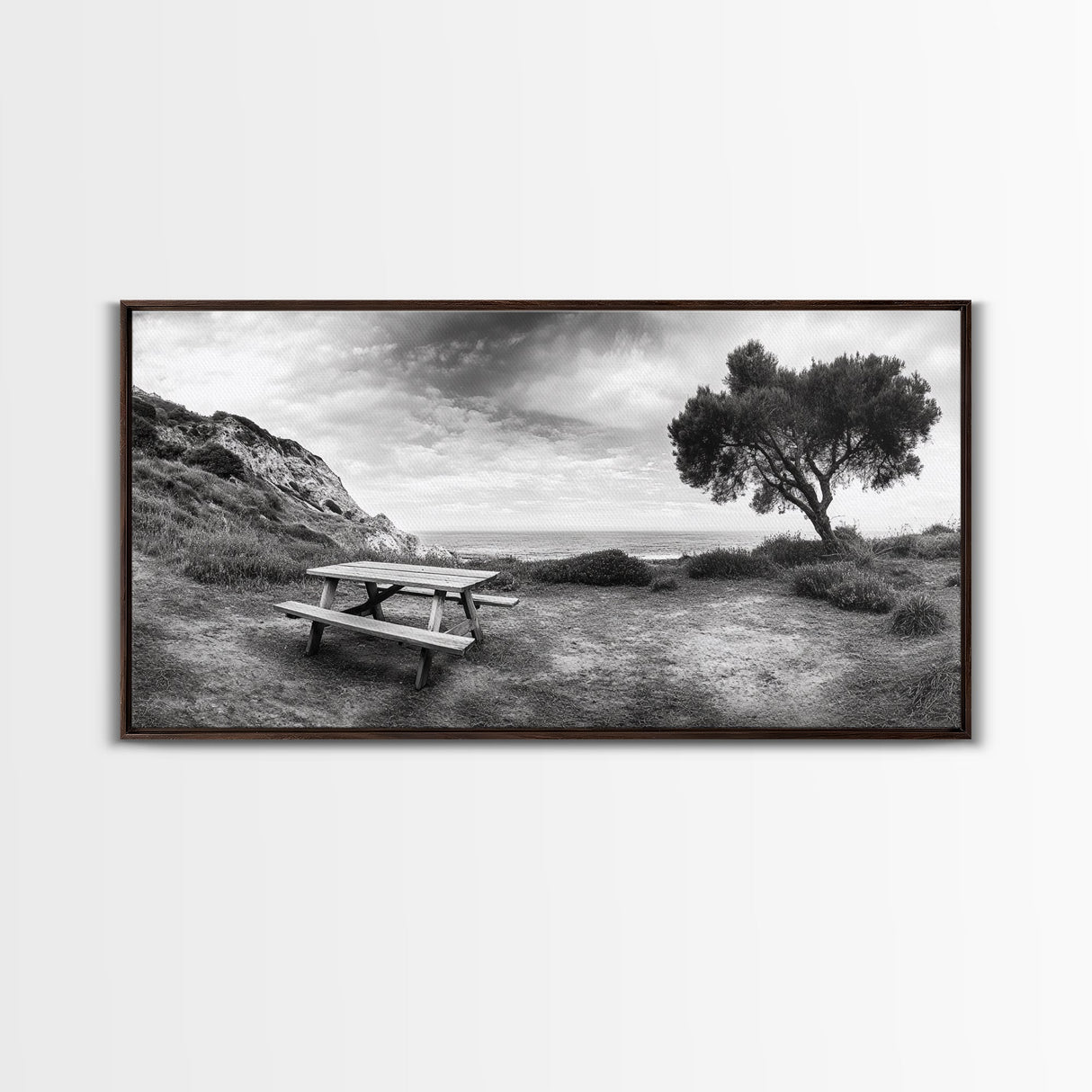 Picnic Table View, Coastal Meadow Scene, Tree and Cliff Horizon, Framed Canvas Print, Relaxing Kitchen or Outdoor Patio Wall Art