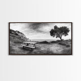 Picnic Table View, Coastal Meadow Scene, Tree and Cliff Horizon, Framed Canvas Print, Relaxing Kitchen or Outdoor Patio Wall Art