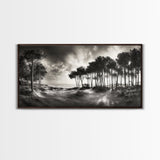 Tree Silhouettes, Coastal Pines Sunset, Nature Path Scene, Framed Canvas Print, Autumn Living Room or Rustic Cabin Wall Decor