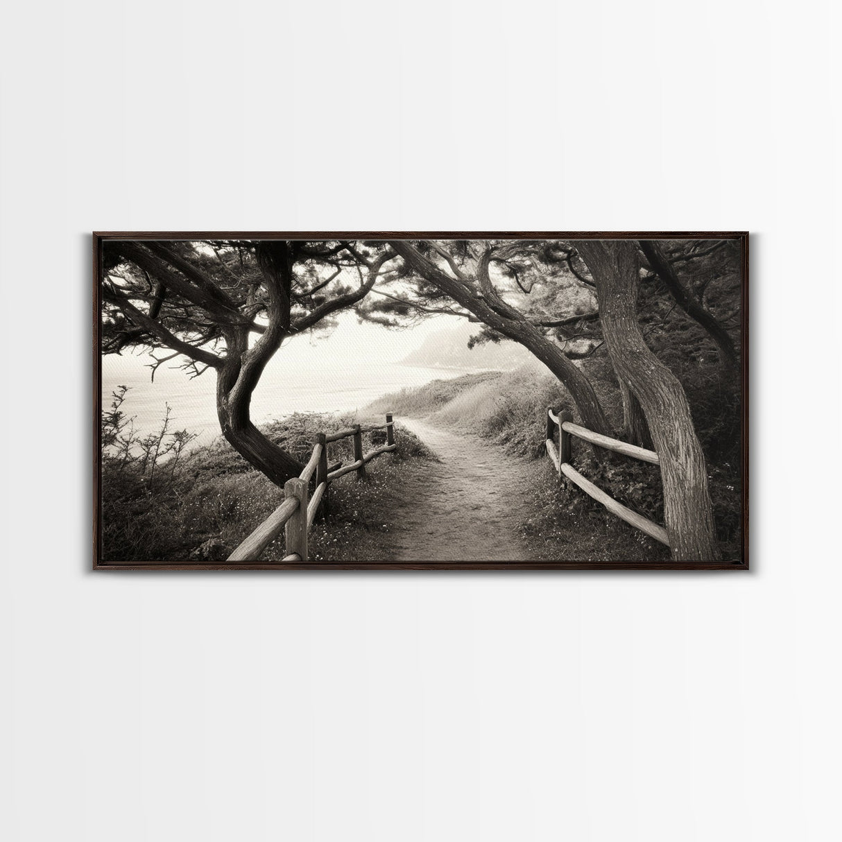 Ocean Cliff Path, Framed Trail Trees, Coastal Escape Scene, Framed Canvas Print, Boho Bedroom or Peaceful Hallway Wall Art, Entryway Accent