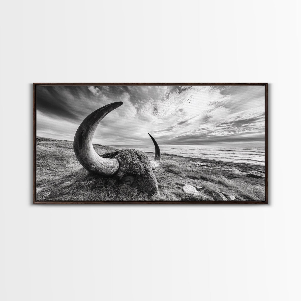 Highland Bull, Ocean Cliff, Coastal Wildlife, Nature Scene, Framed Canvas Print, Rustic Wall Decor, Farmhouse Wall Art, Cabin Aesthetic