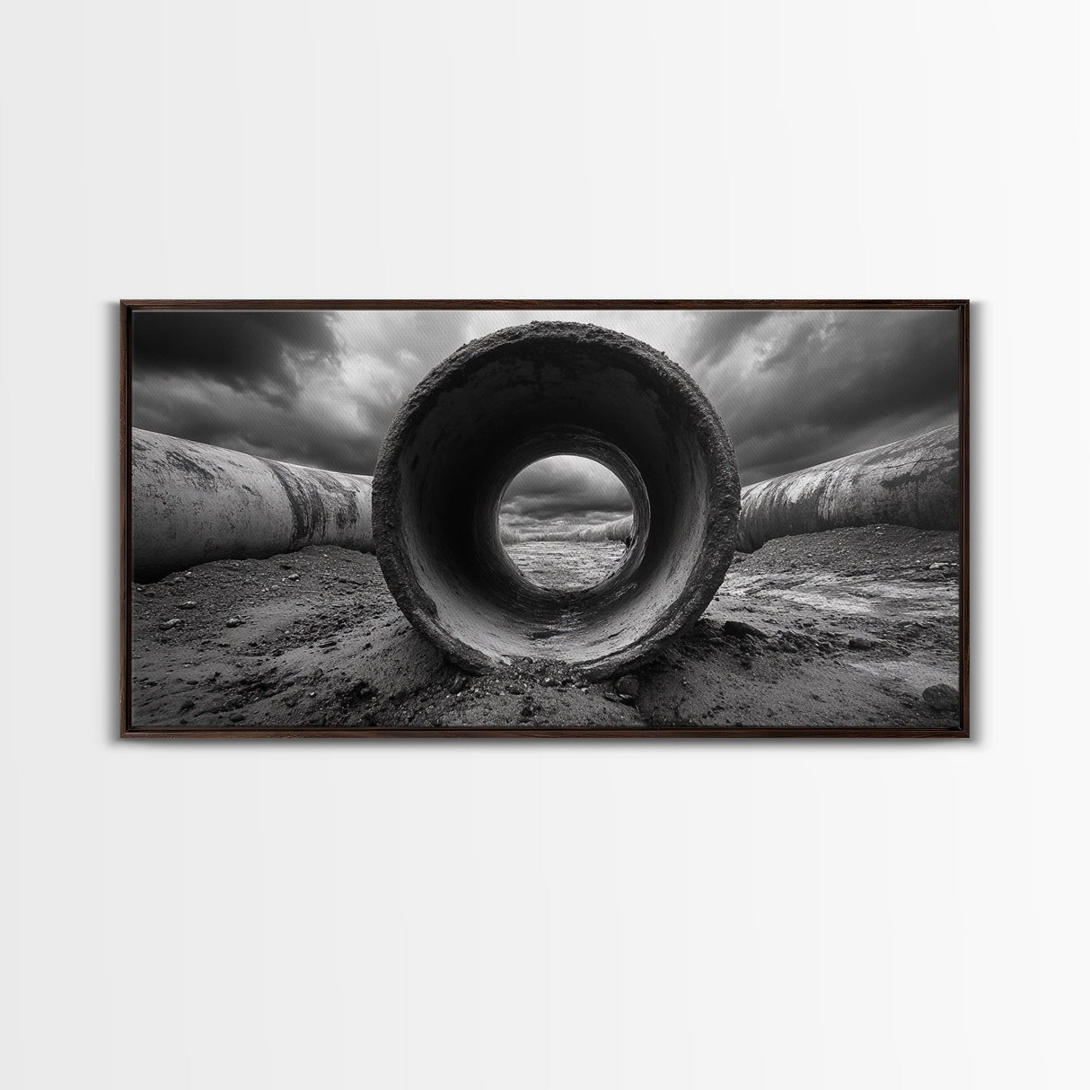 Storm Drain Pipe, Industrial Perspective, Moody Cloudscape, Framed Canvas Print, Urban Loft Decor or Dramatic Modern Wall Art