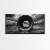 Storm Drain Pipe, Industrial Perspective, Moody Cloudscape, Framed Canvas Print, Urban Loft Decor or Dramatic Modern Wall Art