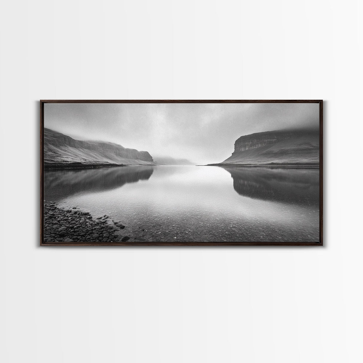 Misty Fjord Reflection, Calm Water Scene, Nordic Landscape, Peaceful Wall Decor, Canvas Print, Office Wall Art, Minimalist Mountains