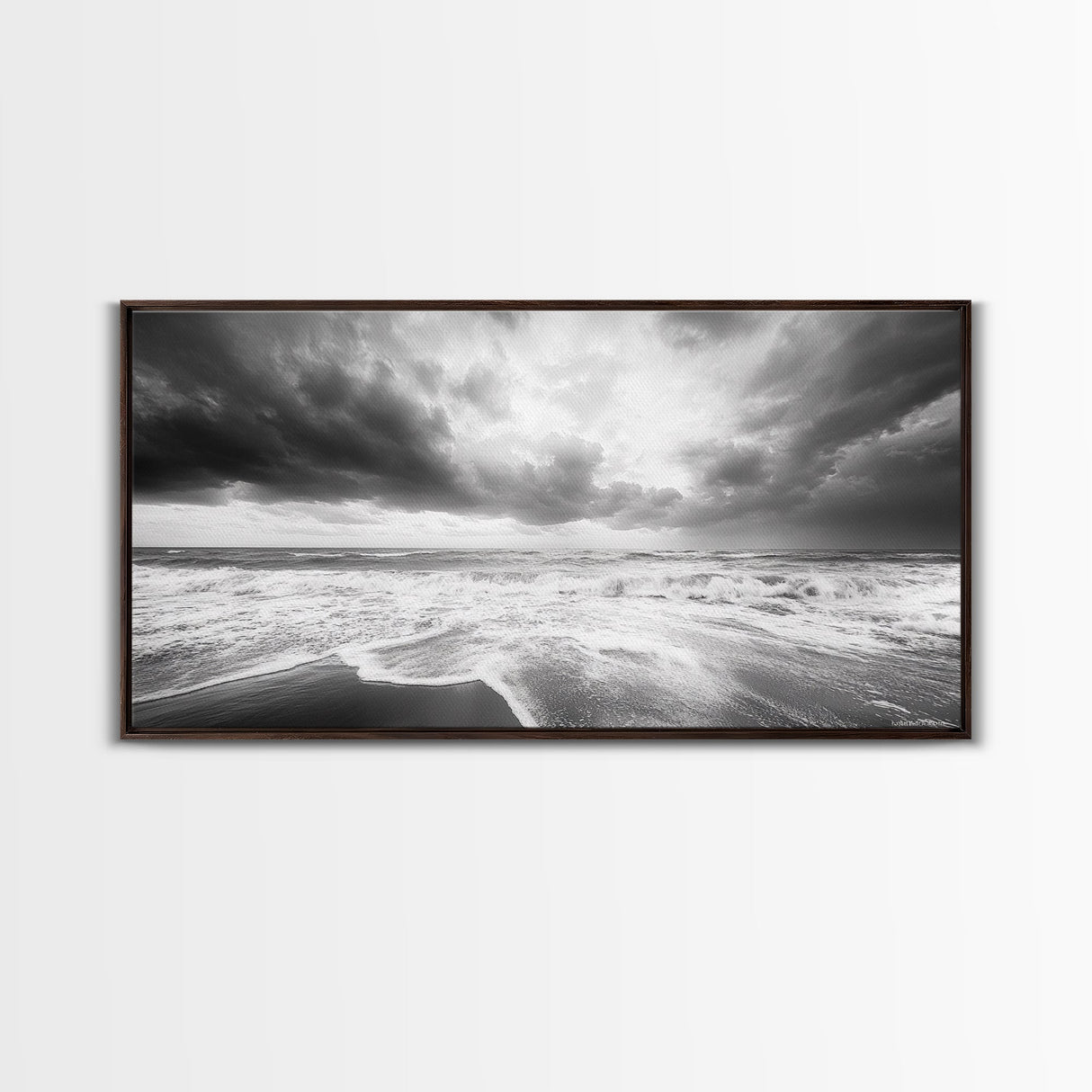 Stormy Sea, Ocean Waves, Monochrome Seascape, Dramatic Beach View, Framed Canvas Print, Nautical Wall Art, Bathroom Coastal Decor