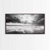 Stormy Sea, Ocean Waves, Monochrome Seascape, Dramatic Beach View, Framed Canvas Print, Nautical Wall Art, Bathroom Coastal Decor